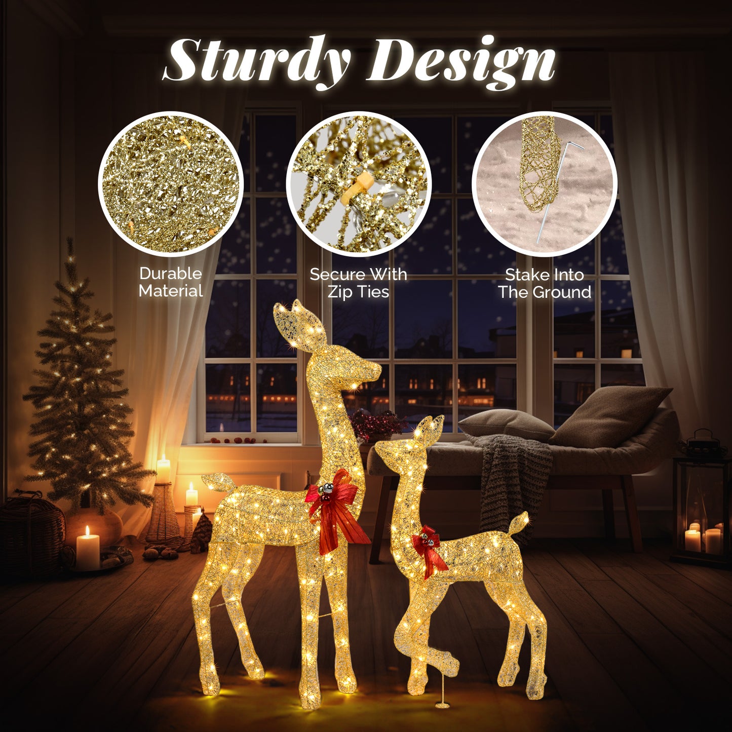 LED Lit Gold Sparkly 2 Piece Christmas Deer Family