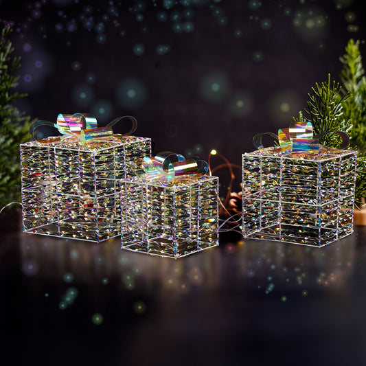 LED Lit Set of 3 Multi Size Christmas Gift Boxes