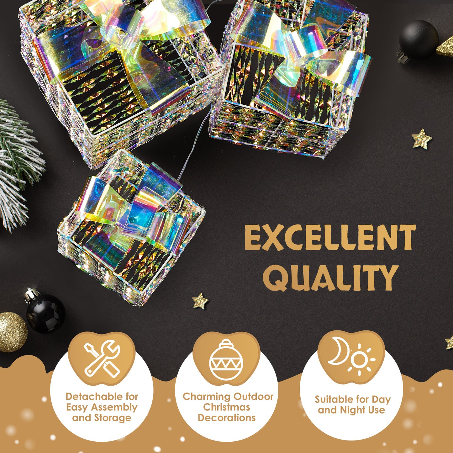 LED Lit Set of 3 Multi Size Christmas Gift Boxes