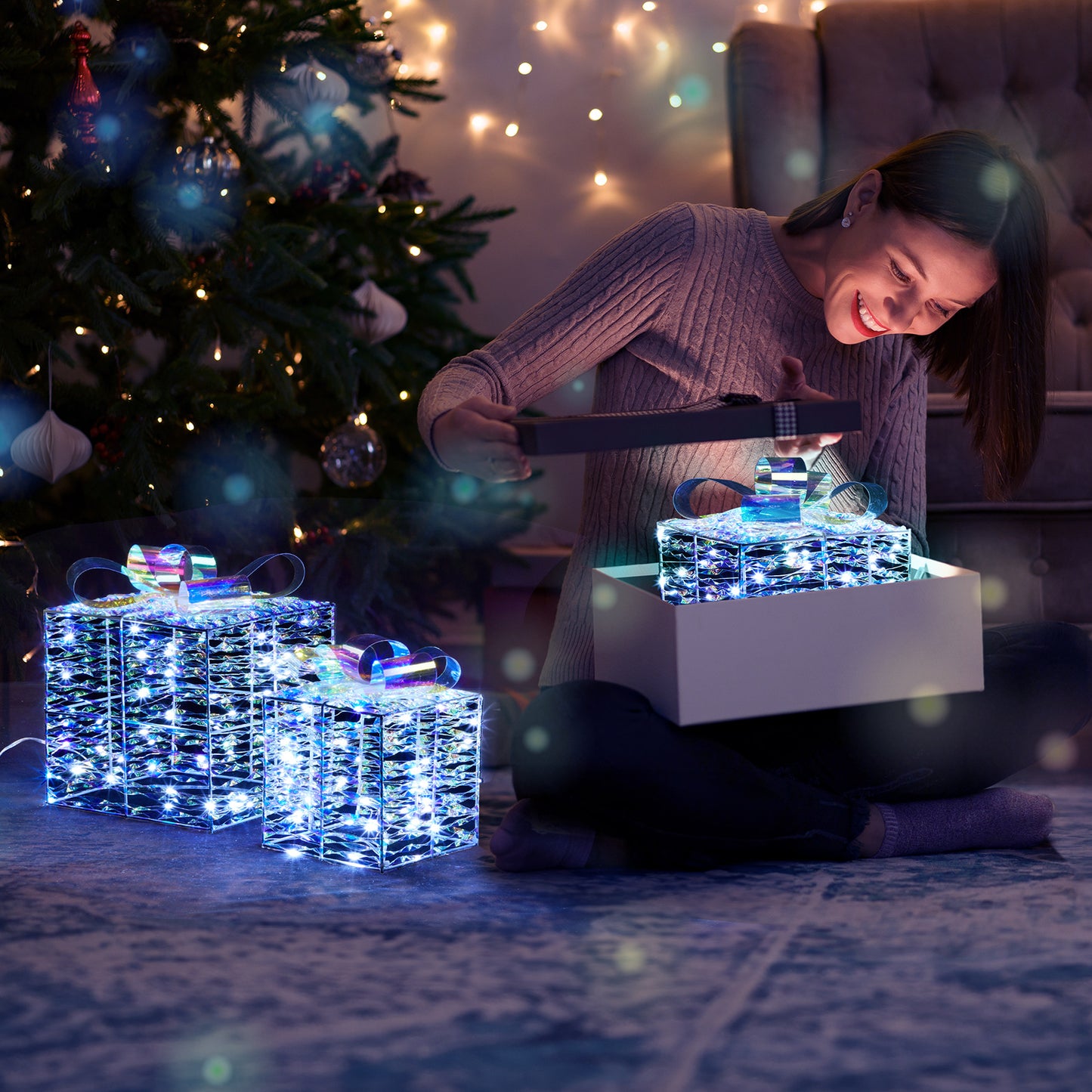 LED Lit Set of 3 Multi Size Christmas Gift Boxes