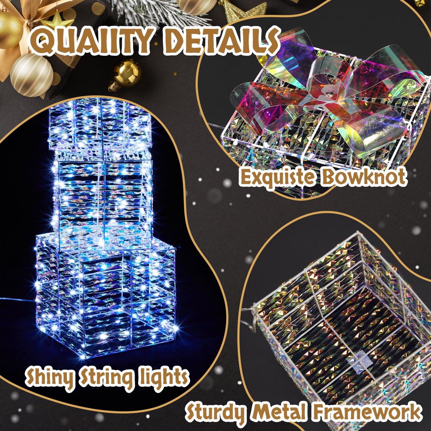 LED Lit Set of 3 Multi Size Christmas Gift Boxes