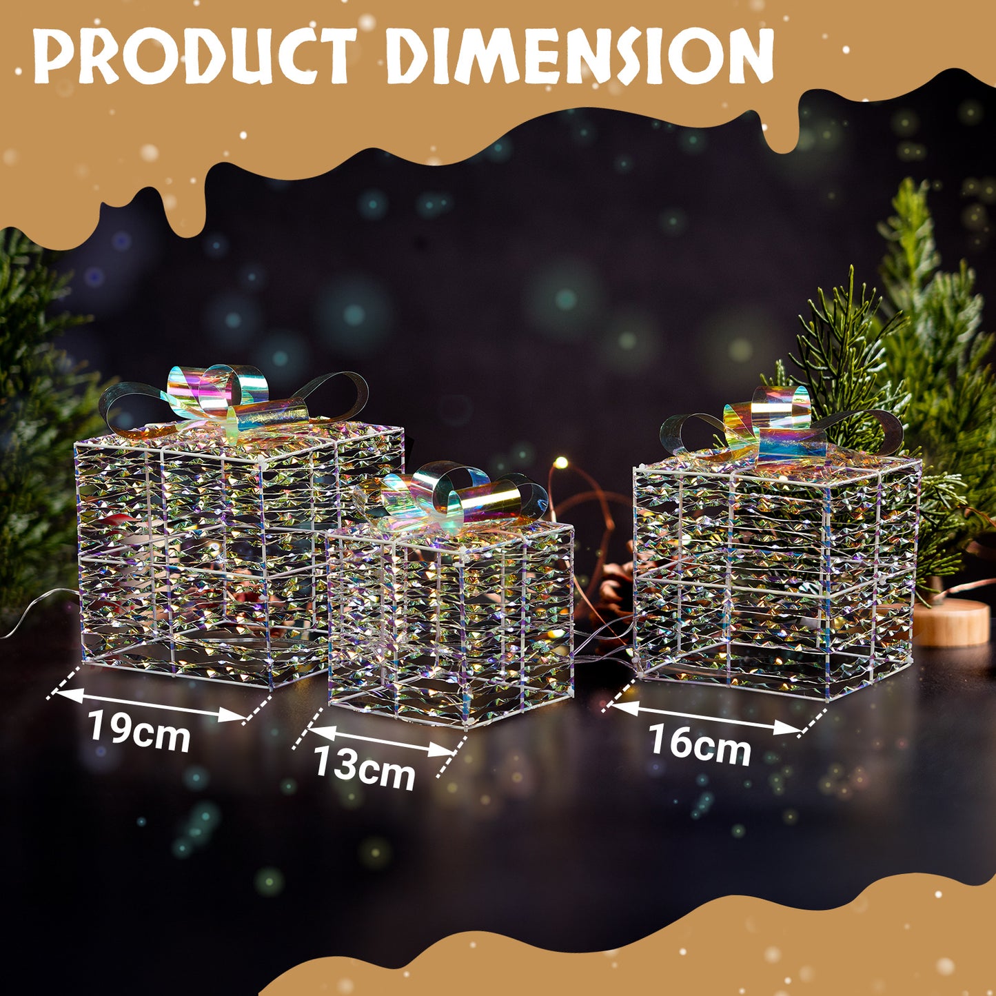 LED Lit Set of 3 Multi Size Christmas Gift Boxes