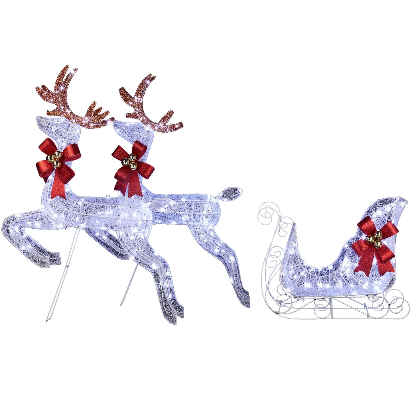 LED Lit White 3 Piece Christmas Reindeer and Sleigh  Set