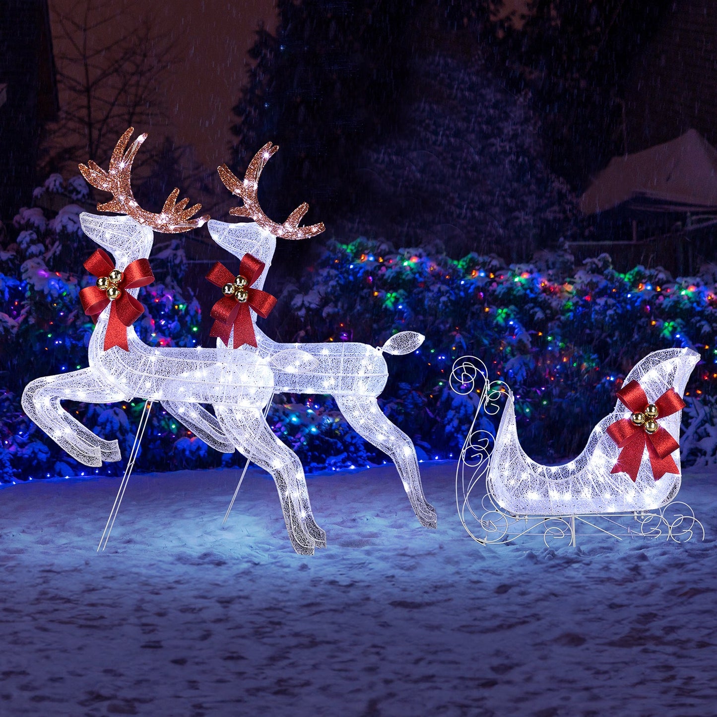 LED Lit White 3 Piece Christmas Reindeer and Sleigh  Set