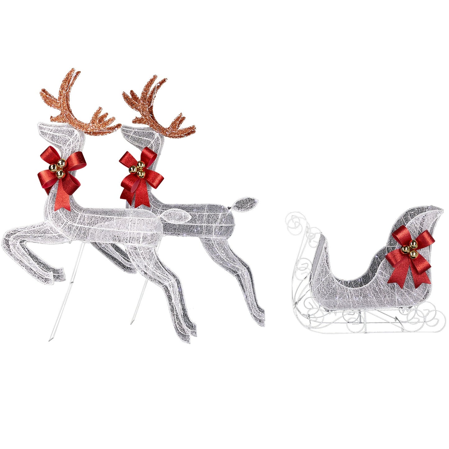 LED Lit White 3 Piece Christmas Reindeer and Sleigh  Set