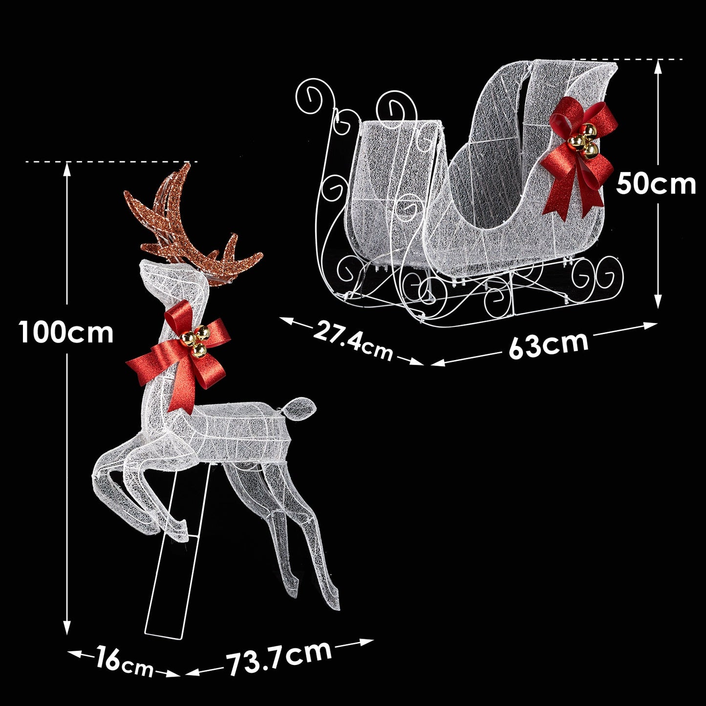 LED Lit White 3 Piece Christmas Reindeer and Sleigh  Set