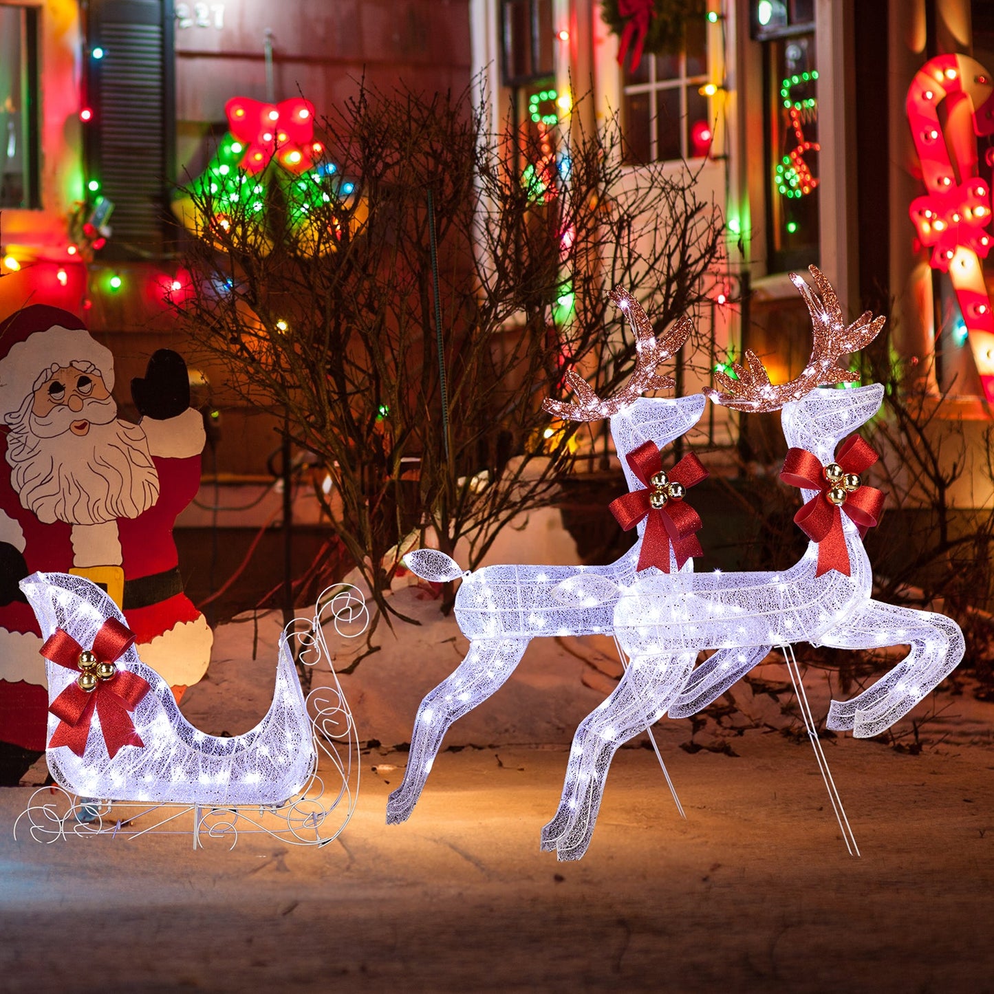 LED Lit White 3 Piece Christmas Reindeer and Sleigh  Set