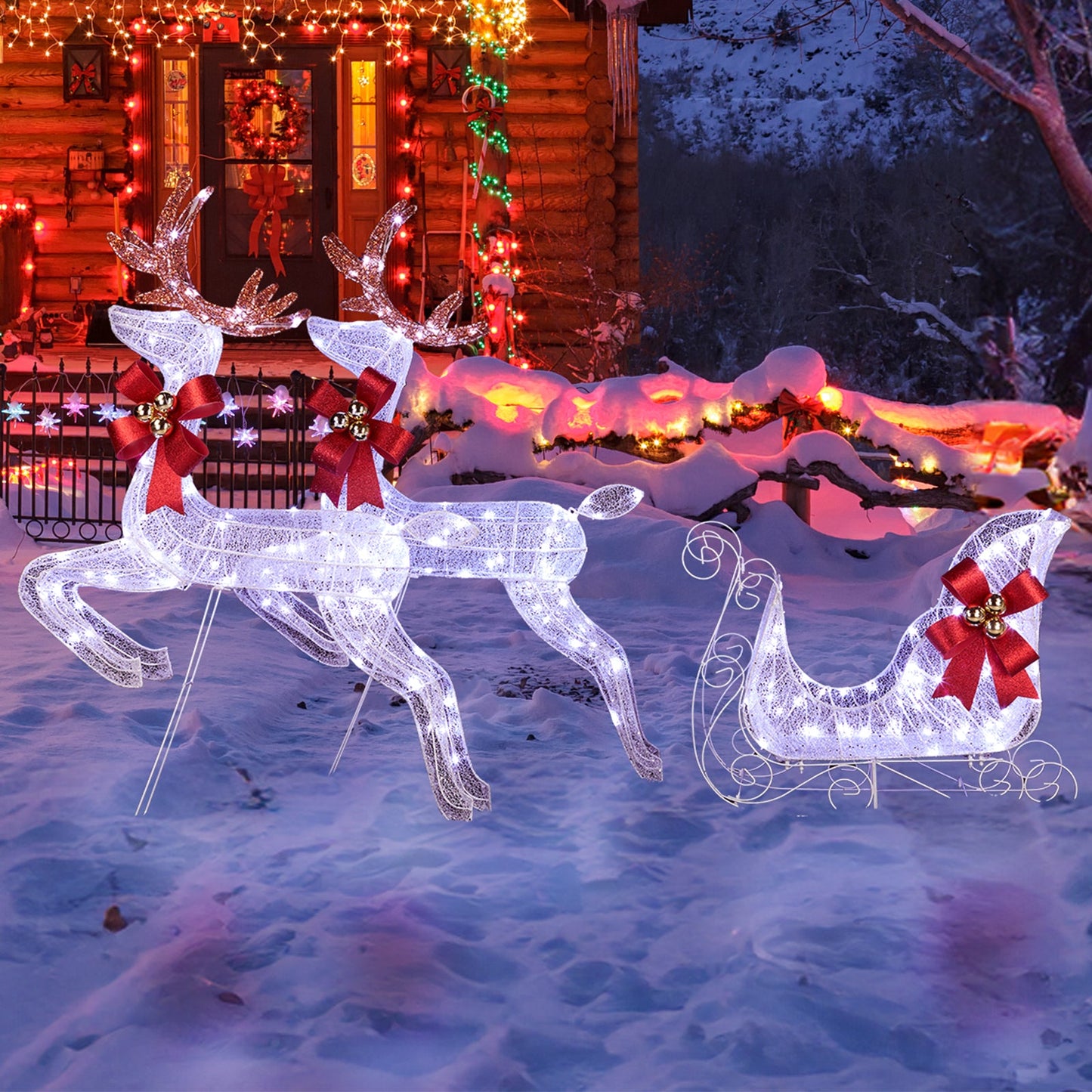 LED Lit White 3 Piece Christmas Reindeer and Sleigh  Set