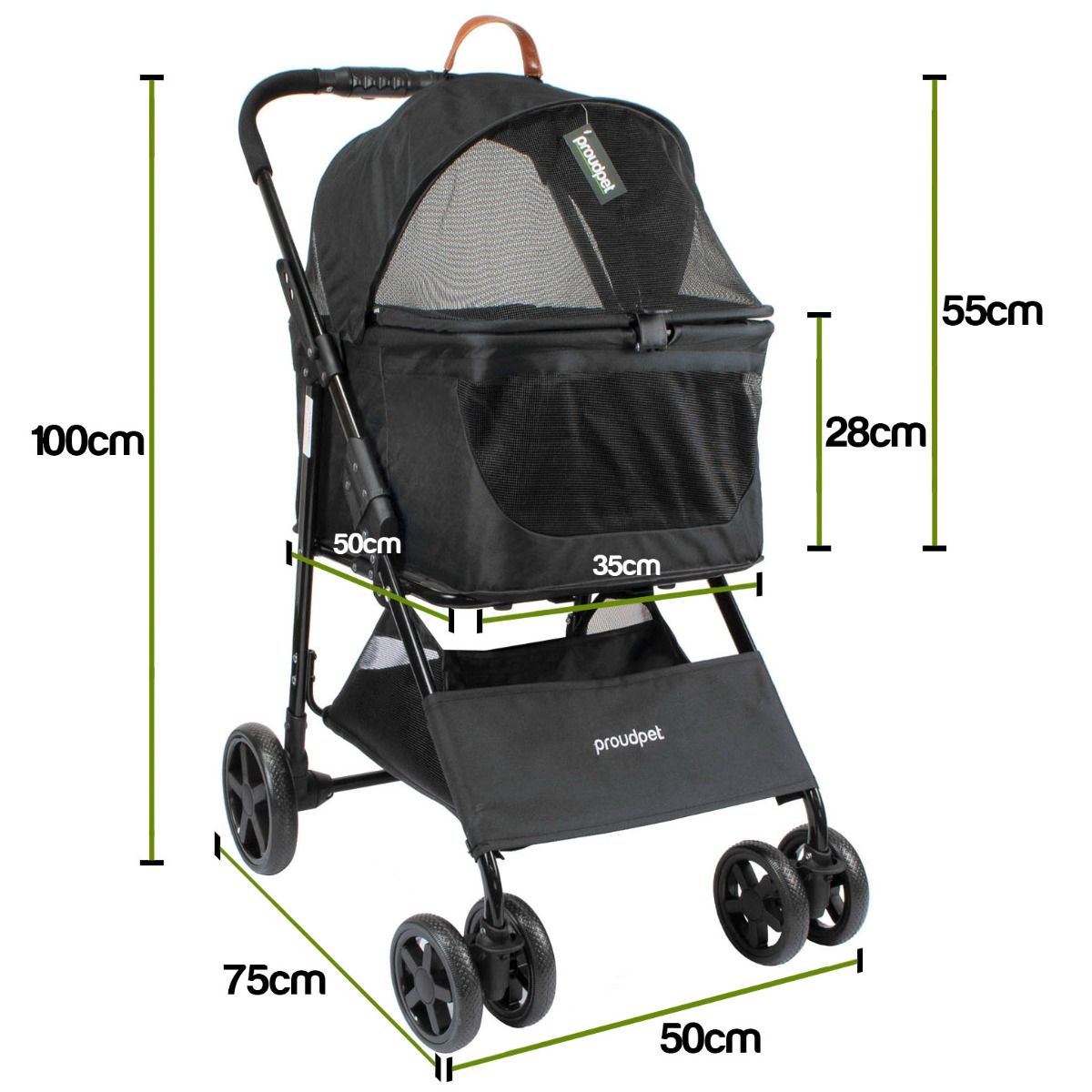 Stylish Foldable and Adaptable Pushchair and Detachable Carry Basket for Dogs, Cats and Small Animals in Black